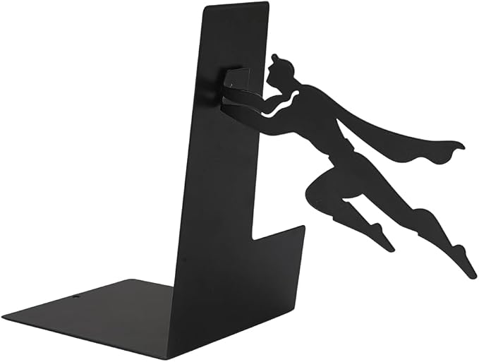 Superhero Decorative Bookends for Shelves, Metal Book Ends for Heavy Books, Non Slip Book Stoppers with Flying Hero Design, Decorative Shelf Book Holders for Home Office Kids Room Library Decor(Black)