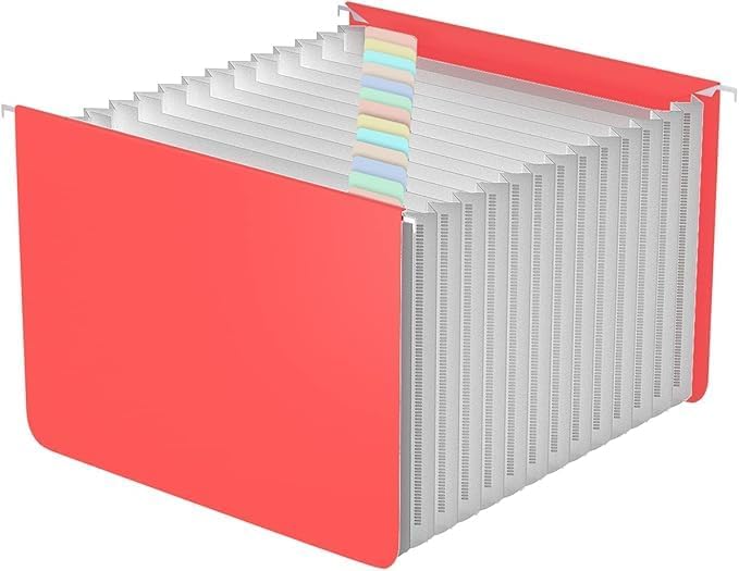 TOPCJ Plastic Expanding Hanging File Folders,12 Expandable Pockets,Multi Color Tabs,Hanging Folders for Filing Cabinet Letter Size,Office Supplies Manilla File Folders 8.5 X 11,Red