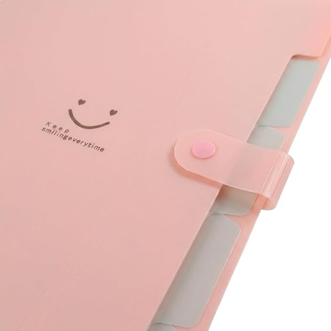 Smile face Expanding File Folder, 5 Pockets Plastic Document Organizer, A4 Letter Size Accordion Folder with Snap Closure, Portable Durable Paper Organizer for Home Office School (Pink)