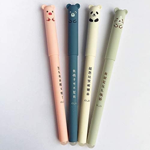 4 Pcs Cute Girly Gel Pens, 0.35mm Blue Ink, Kawaii Pig Bear Cat Mouse Erasable Gel Pens for School Office Supplies Stationery Gift