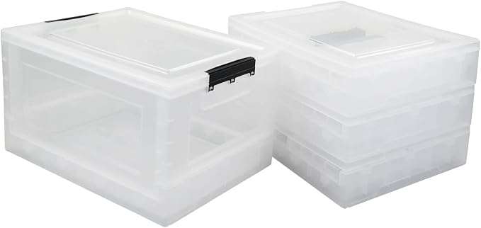 4-Pack 32 Quart Clear Collapsible Storage Box with Lid | Folding storage crate, folds flat for compact storage, see-through design keeps items visible