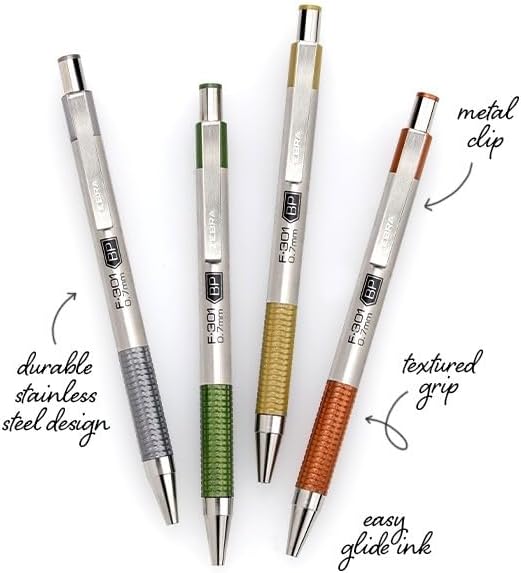 Zebra Pen F-301 Signature Series Retractable Ballpoint Pen, 0.7mm, Black Easy-Glide Ink, Stainless-Steel Barrel with Earth Tone Accents, Ideal for Office, Journal and Planner Use, 4-Pack (27304)