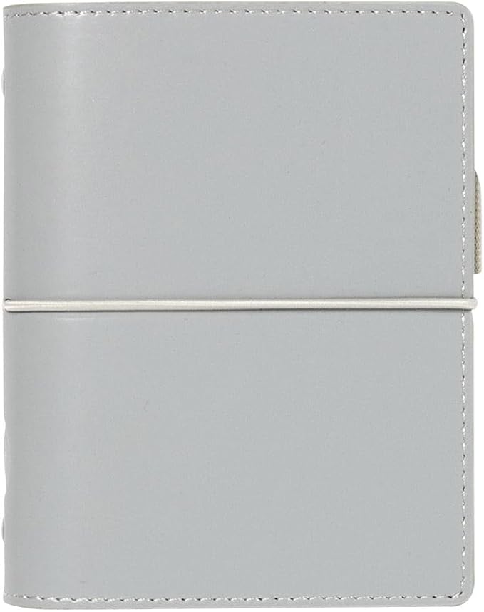 Filofax Domino Organizer, Pocket Size, Grey - Smooth, Leather-Look Grain Effect, Contrast Stitching, Six Rings, Week-to-View Calendar Diary, Multilingual, 2025 (C022611-25)