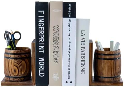 MyGift Wood Decorative Bookends with Pencil Holder, Office Desk Books Ends and Pen Holders as Vintage Wooden Barrels, Heavy Duty Bookends for Shelves, Rustic Burnt Brown Wine Barrel Design,1 Pair