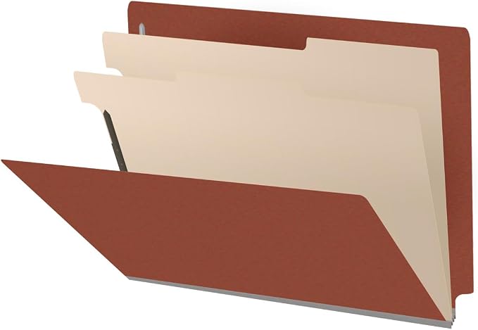 25 Pt. Pressboard Classification Folders, Full Cut End Tab, Letter Size, 2 Dividers, Brick Red (Box of 10)
