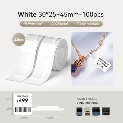 B1 Jewlry Label Tape Adapted Label Print Paper Mini Labels Sticker Standard Laminated Office Container Labeling Tape Replacement for B21 Label Maker (2 Rolls, 02F White)