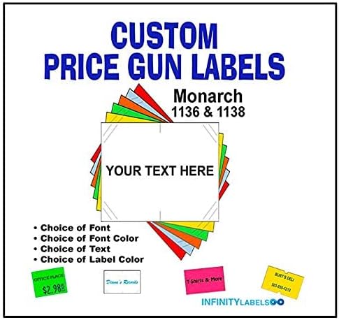Custom Price Gun Labels - 112,000 Customizable Monarch 1136 Compatible Labels to fit All Monarch 1136 Price Guns. Full case + 8 Ink Rollers (You Choose The Colors, Font and Text)