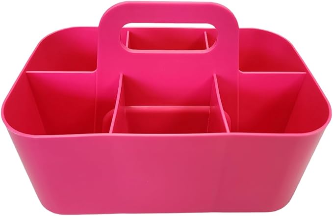 Small Stackable Plastic Caddy with Handle 6 Compartment | Desk, Makeup, Dorm Caddy, Classroom Art Organizers - 4 Pack, Made In USA (Hot Pink)