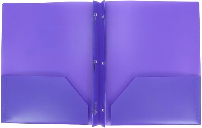 Letter Size Plastic Folder with Pockets and 3 Metel Prongs (Purple)