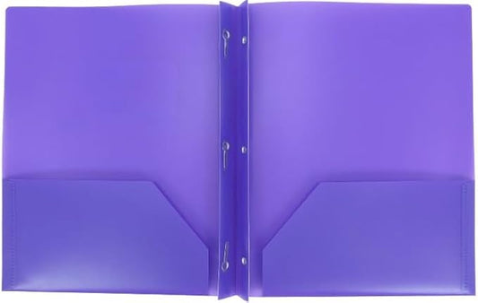 Letter Size Plastic Folder with Pockets and 3 Metel Prongs (Purple)