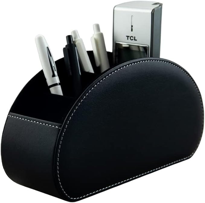 Remote Control Holder Organizer - Table Desk Leather Control Storage with 5 Spacious Compartments (Black)