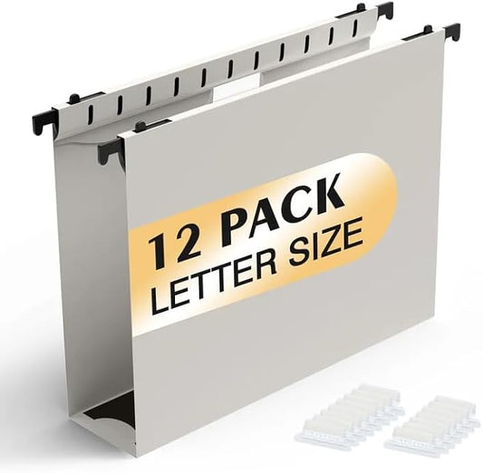 Shutex Extra Capacity Plastic Hanging File Folders,12 Pack Reinforced Hang Folders,Heavy Duty 2 Inch Expansion,Plastic Filing Cabinet Folders,Letter Size,Designed for Bulk Files, Medical Charts,Grey