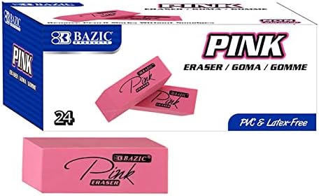 BAZIC Products Pink Eraser, Latex Free Bevel Block Erasers, Large Size for Classroom, Office, and Art Use, Smooth Pencil Correction for Writing, Sketching, & Daily Tasks, Total 24-Count