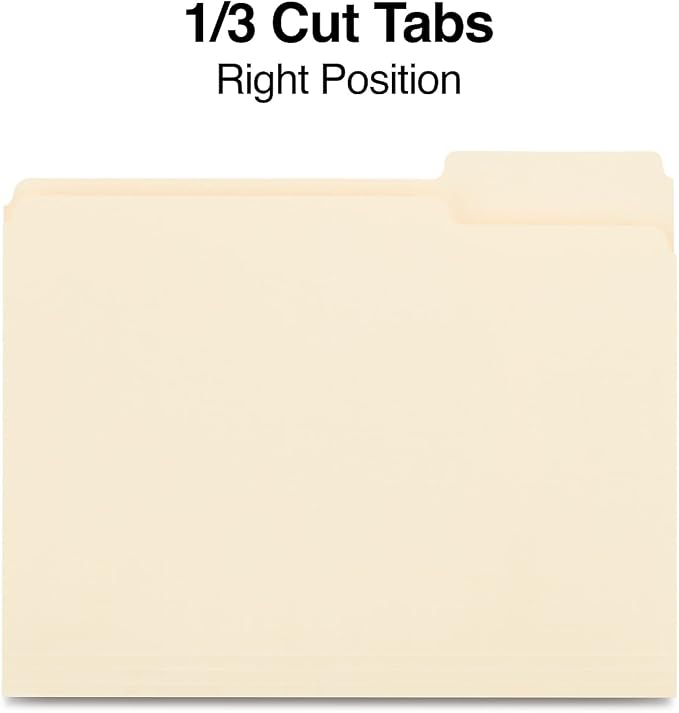 Staples File Folders, Letter Size, 1/3‑Cut Right‑Position Tabs, Manila, Durable Paper Stock, 100/Pack
