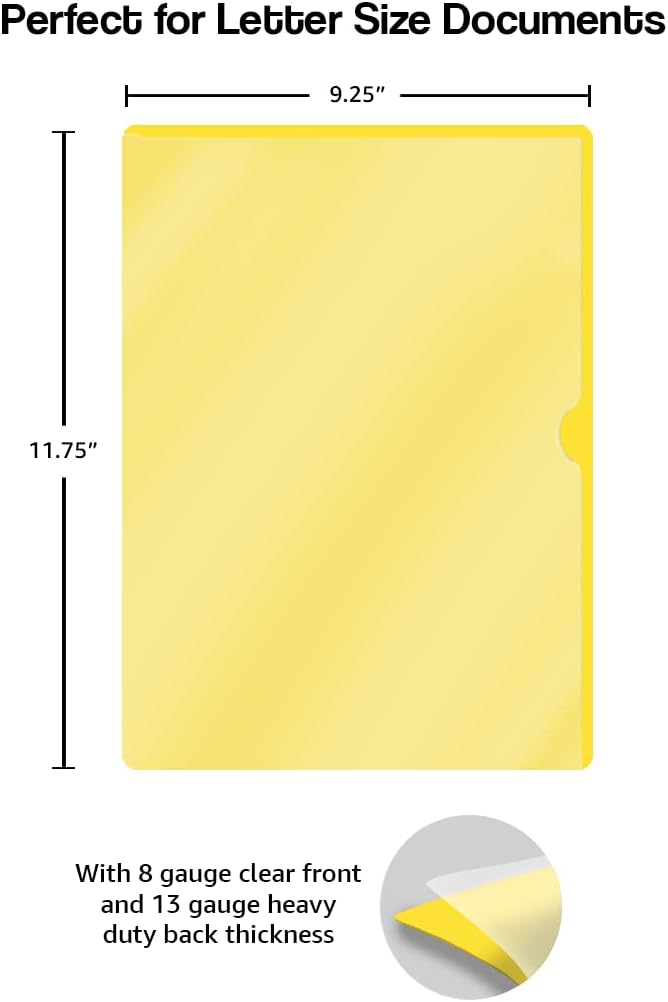 Doctor Stuff - 25 Pack L-Type Vinyl Plastic File Folders Letter Size, Yellow Pocket Project Folders Clear Front, Documents Holder for Home, High School, Office and Medical Files