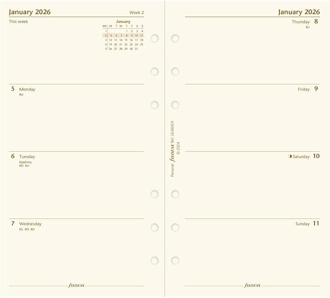 Filofax Calendar Diary Refill, Personal/Compact Size, Week-to-View, Cotton Cream Paper, Unruled, English, 2026 (C68424-26)
