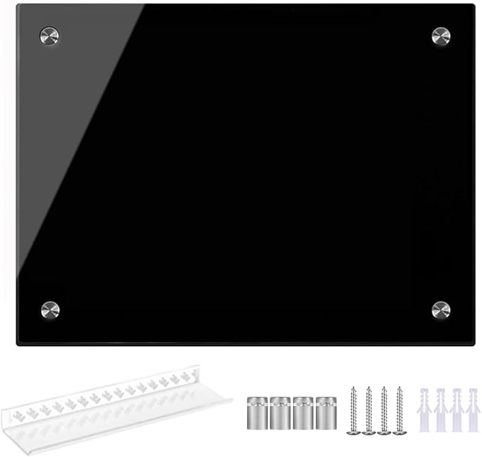 Black Glass Dry Erase Whiteboard, 18" x 24" Frameless Glass White Board for Home, School, Office, Black Surface