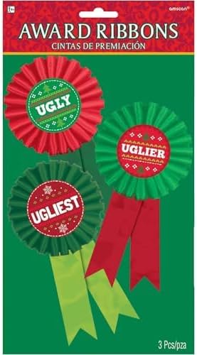 Festive Green & Red Ugly Sweater Contest Award Ribbon -3" x 6" (Set of 3) - Show-Stopping Ribbons - Perfect for Unforgettable Holiday Party Fun & Recognition