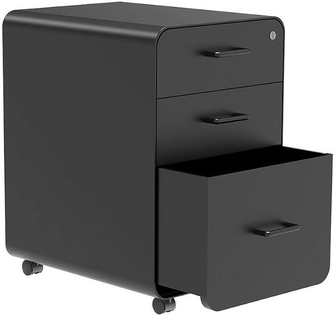 Monoprice Round Corner 3-Drawer File Cabinet - Black with Lockable Drawer - Workstream Collection, 3 Drawer (137876)