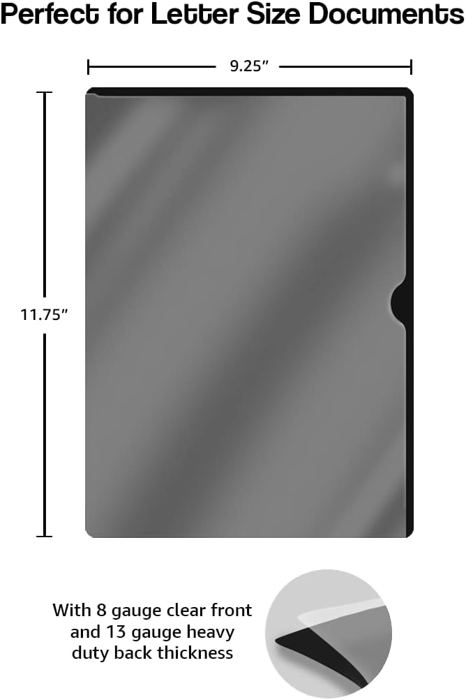 Doctor Stuff - 25 Pack L-Type Vinyl Plastic File Folders Letter Size, Black Pocket Project Folders Clear Front, Documents Holder for Home, High School, Office and Medical Files