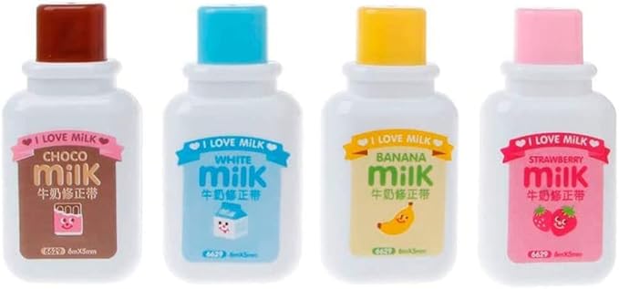 4PCS Milk Bottle Style Correction Tape,Cute Kawaii Stationery Tear Resistant White Tapes for School Office Supplies(Random Color)