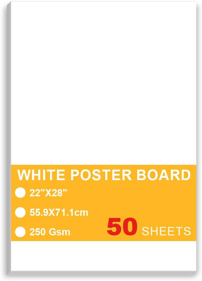 50 Sheets White Poster Board, 22"x28" White Poster Paper, Heavyweight Poster Boards, 250gsm, Blank Poster Board for Art Display, Classroom Use, Craft Project, Presentation, Thickness Vision Board