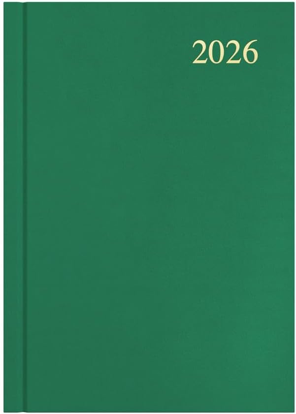 Collins - Essential - 2026 12 Month Calendar Year Planner, Day-To-Page Diary, A5 Hard Cover - Green (ESSA51.52-26)