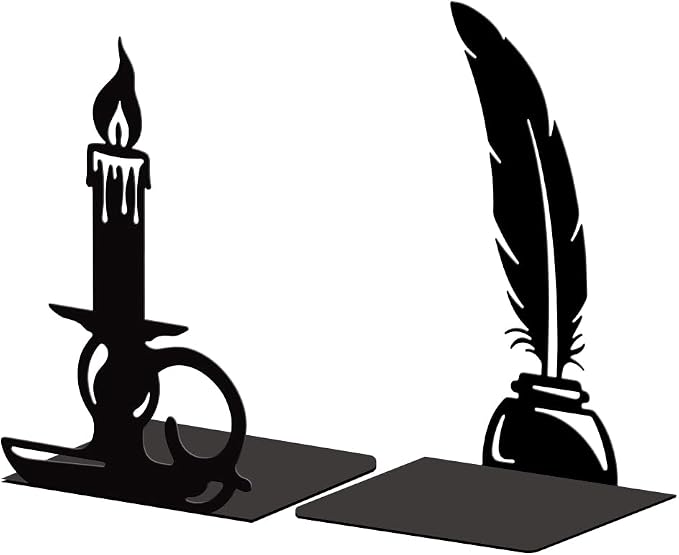 Peacoblue Metal Bookends for Shelves, Modern Decorative Heavy Duty Study Book Support Stoppers for Office, Desk, Shelf, Room 5.3"x4.3"x7.9" Cast Iron Tall Bookends, 1 Pair (Quill Pen and Candlestick)