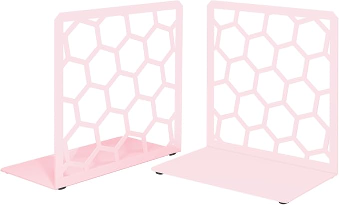 Pink Geometric Honeycomb Metal Bookends - Book Ends for Shelves - Decorative Modern Heavy Duty Bookend Stopper - Book Ends for Heavy Books - Home Office Book Holder - 1 Pair, 6x3.25x6.25 in
