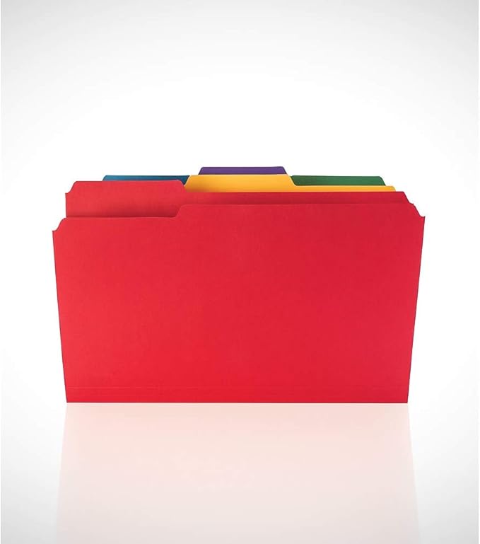 Staples File Folders, Legal Size, 1/3‑Cut Tabs, Assorted Colors, Heavy‑Duty Paper Stock, 100/Box