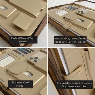 BLU MONACO | Brown Vegan Leather Binder for Women | Magnetic Closure Business Leather Portfolio Organizer with Gold Trim | Professional Padfolio for Meetings Interviews Documents