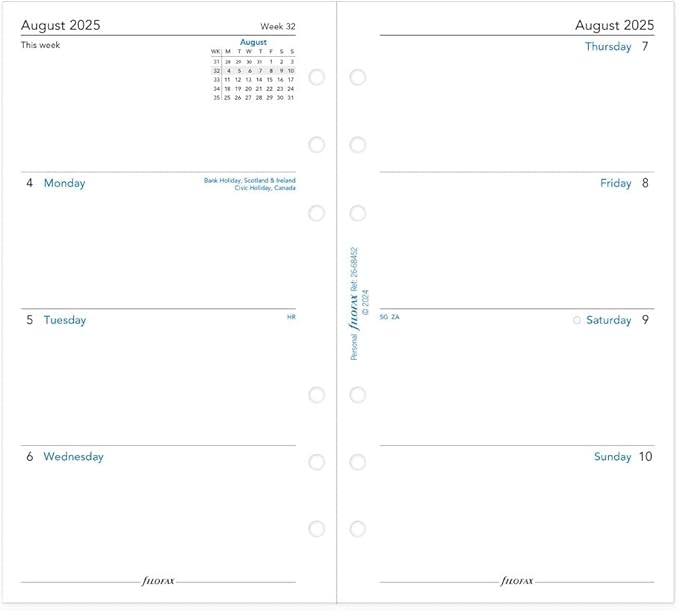 Filofax Calendar Diary Refill, Personal/Compact Size, Week-to-View, Academic, White Paper, Unruled, English, August 2025 to July 2026 (C68452-26)