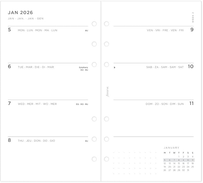 Filofax Calendar Diary Refill, Personal/Compact Size, Week-to-View, Minimal Diary Pack, White Paper, Multilingual: Five Languages, 2026 (C68490-26)