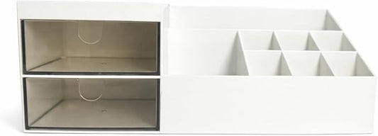 Desktop Drawer Storage Organizer – Multi-Purpose Plastic Makeup & Office Storage Box with Divided Drawers, Dust-Proof Vanity Organizer for Cosmetics, Jewelry & Stationery (White)