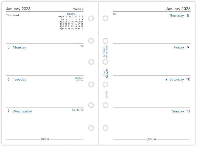 Filofax Calendar Diary Refill, Pocket Size: 4-3/4" x 3-1/4", Week-to-View, White Paper, Unruled, English, 2026 (C68221R-26)