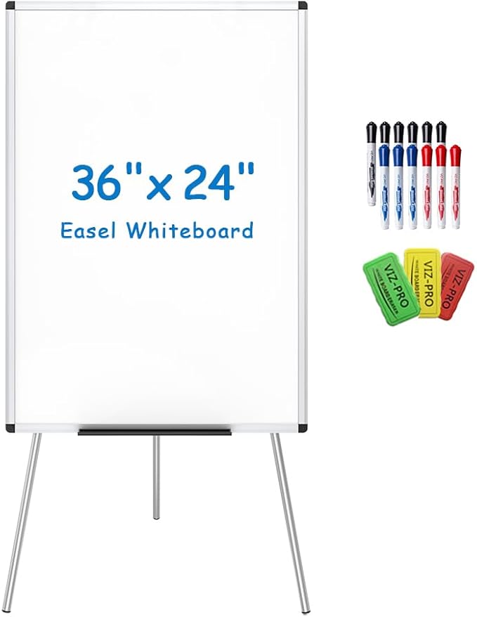 VIZ-PRO Whiteboard Easel/Portable Dry Erase Board, 36 x 24 Inches, with 3 Colored Erasers and 12-Count Markers