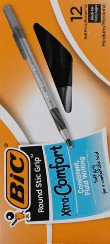 BIC Round Stic Grip Xtra Comfort Black Ballpoint Pens, Medium Point (1.2mm), Perfect Writing Pens With Soft Grip for Superb Comfort and Control, 12 Count (Pack of 2)