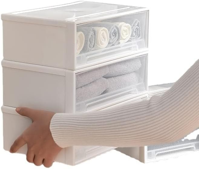 Set of 3 Stackable Storage Drawers, White Plastic Desk Storage Boxes for Dressing Table, Office Desk, TV Cabinet, Bathroom, Shoe Cabinet Storing Various Items