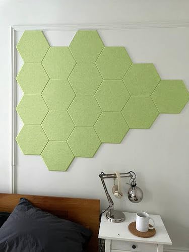 Hexagon Felt Board Tiles - 12 Packs Self Adhesive Pinboard & Acoustic Panels | Modern Office Wall Decor for Home | Sound Absorbing Bulletin Board - Spring Green