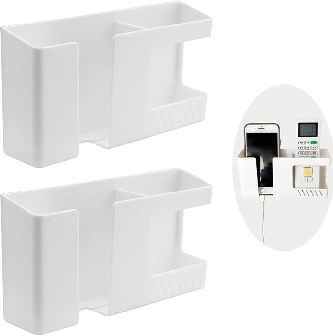 White Remote Control Holder - Adhesive Wall Mount Storage Box for Home Office Bedroom Living Room Remote Control Organizers Glasses Cell Phone Cosmetic Small Items Storage Supplies （2 Pack）