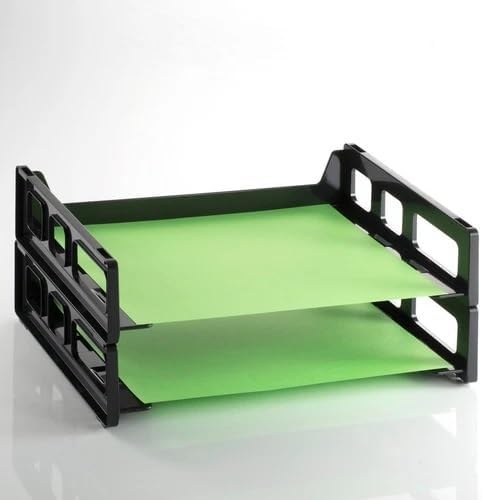 Stackable Desk Tray Organizer Black - Plastic Paper Tray for Letter Size Documents, Desktop File Organizer with 2 Sections, Home, Office, School Desk Paper Organizer - Pack of 2