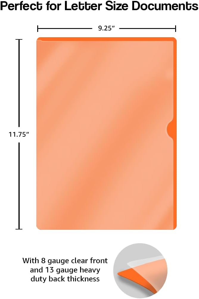 Doctor Stuff - 100 Pack L-Type Vinyl Plastic File Folders Letter Size, Orange Pocket Project Folders Clear Front, Documents Holder for Home, High School, Office and Medical Files