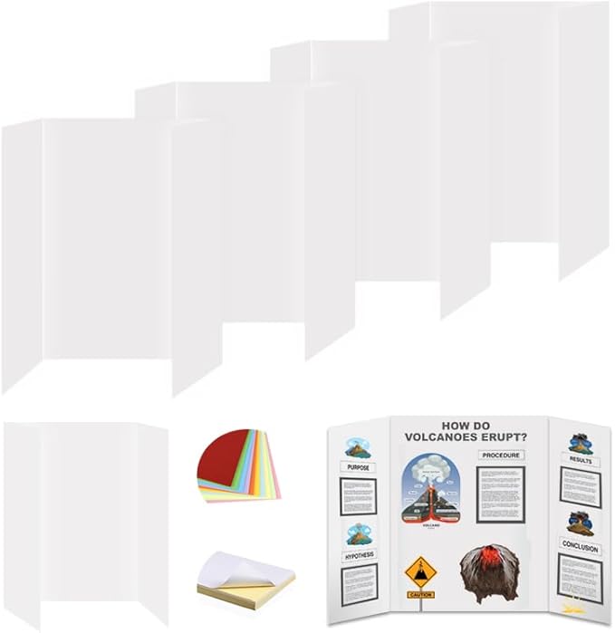 Rsgift 4 Pcs 26x16.5 inches Medium Trifold Poster Boards with Double Sided Tapes and Cardboard, Corrugated Display Boards, Professional Presentation Boards for School Project, Exhibitions