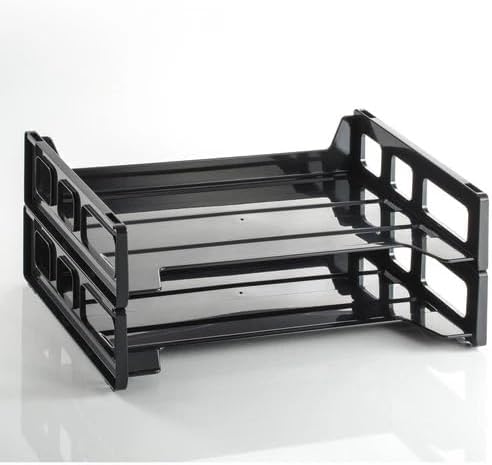 Stackable Desk Tray Organizer Black - Plastic Paper Tray for Letter Size Documents, Desktop File Organizer with 2 Sections, Home, Office, School Desk Paper Organizer - Pack of 8