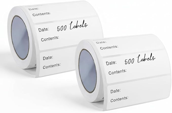 BLISKO 1000 Pcs Freezer Labels, 2 Rolls, 1x3 Inch Food Labels Stickers with Pre-Printed Date & Contents, Food Storage Labels, Waterproof, No Residue for Meal Prep, Food Containers, Jars, Bags