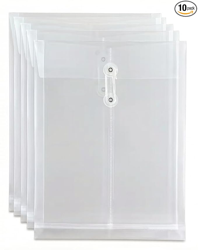 10 Pack Clear Plastic Envelopes, Reusable & Waterproof File Folders with String and Snap Button, Expansion File, for Documents School Home Work Office, Letter Size