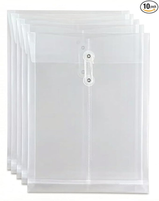 10 Pack Clear Plastic Envelopes, Reusable & Waterproof File Folders with String and Snap Button, Expansion File, for Documents School Home Work Office, Letter Size