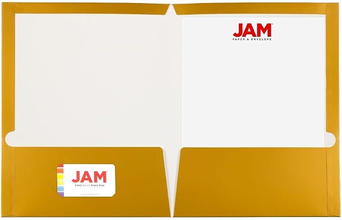 JAM PAPER Laminated Two Pocket Glossy Folders - Gold - 3/Pack