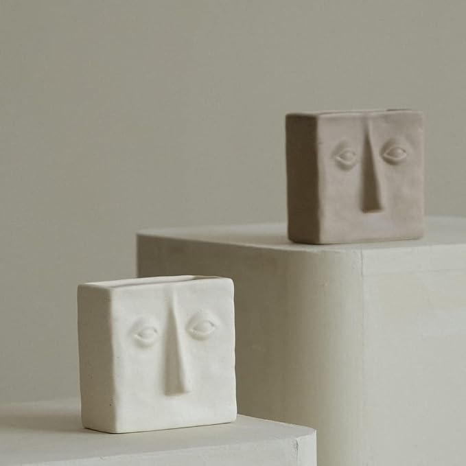 WENSHUO Abstract Square Face Pen Holder, Modern and Minimalistic Desk Accessories (Crème)