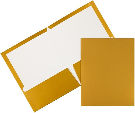 JAM PAPER Laminated Two Pocket Glossy Folders - Gold - 3/Pack
